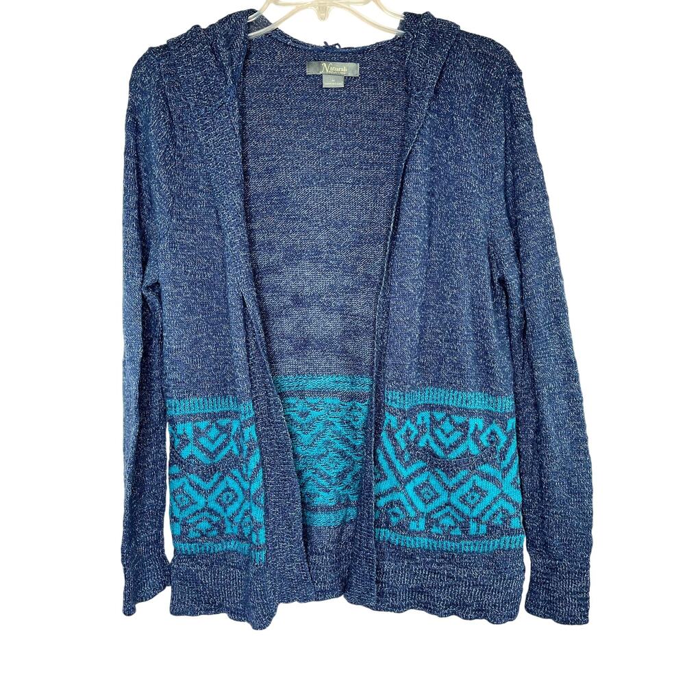 Natural Reflections open front hooded cardigan, blue, size M, EUC